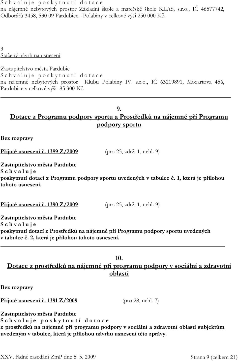 Dotace z Programu podpory sportu a Prostředků na nájemné při Programu podpory sportu Přijaté usnesení č. 1389 Z/2009 (pro 25, zdrž. 1, nehl.