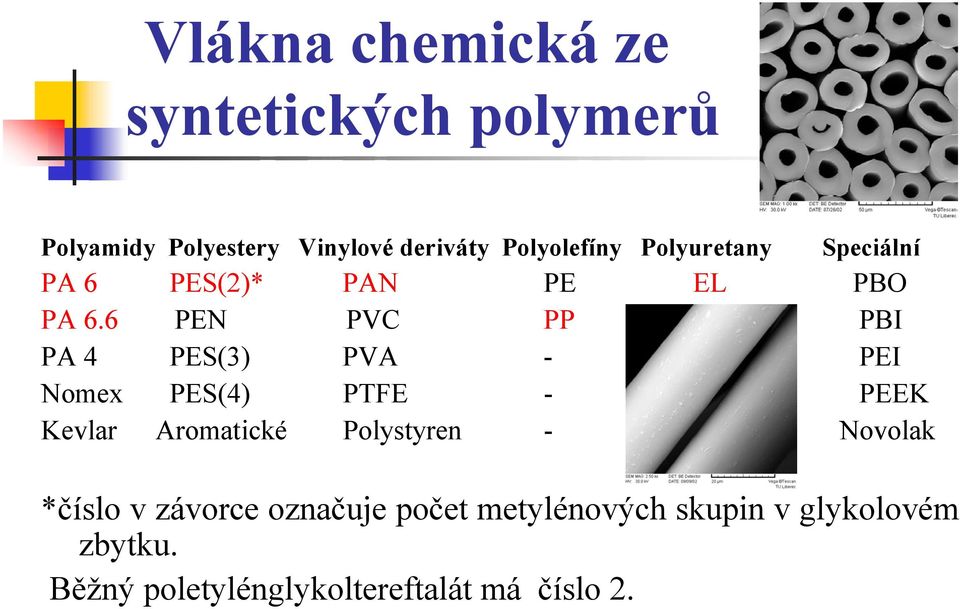 6 PEN PVC PP PBI PA 4 PES(3) PVA - PEI Nomex PES(4) PTFE - PEEK Kevlar Aromatické