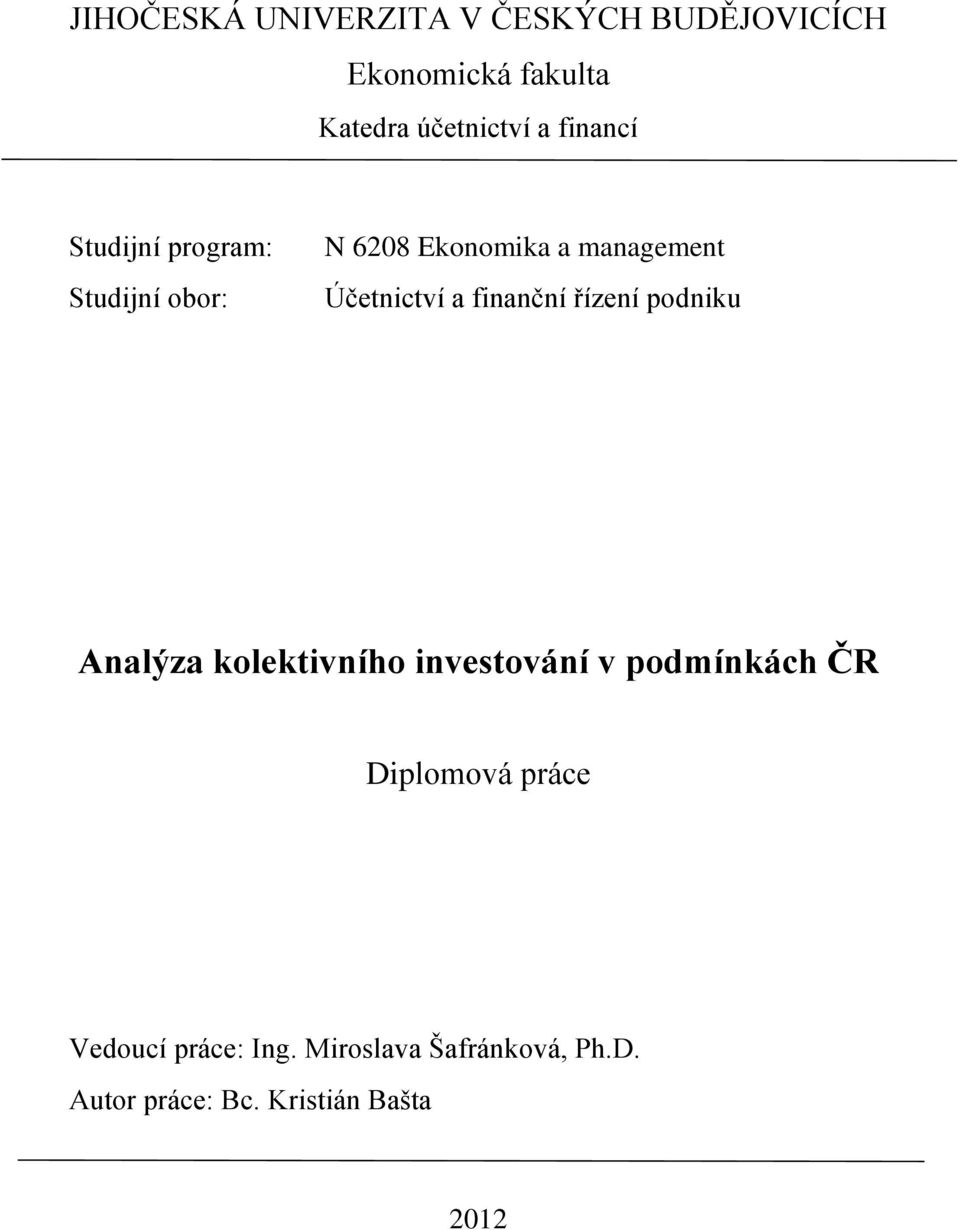 finanční řízení podniku Analýza kolektivního investování v podmínkách ČR Diplomová