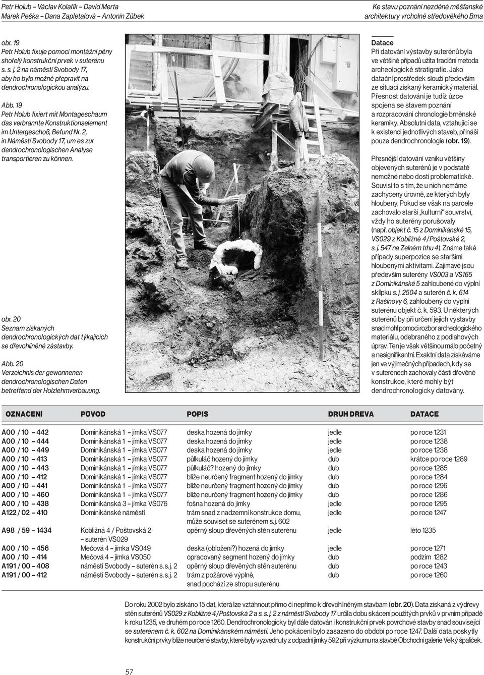 2, in Náměstí Svobody 17, um es zur dendrochronologischen Analyse transportieren zu können. obr. 20 Seznam získaných dendrochronologických dat týkajících se dřevohliněné zástavby. Abb.