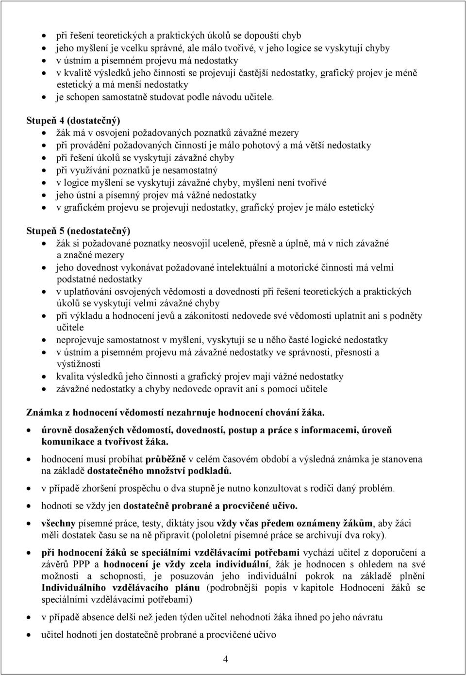 Stupeň 4 (dostatečný) žák má v osvojení požadovaných poznatků závažné mezery při provádění požadovaných činností je málo pohotový a má větší nedostatky při řešení úkolů se vyskytují závažné chyby při