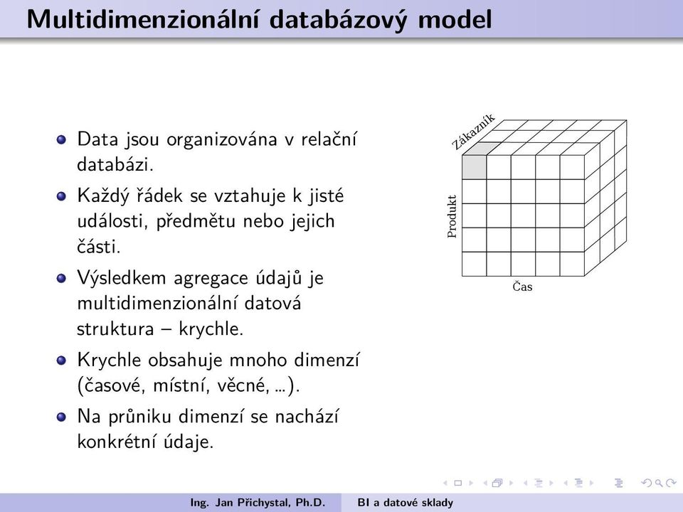 multidimenzionální datová struktura krychle Krychle obsahuje mnoho dimenzí (časové, místní,