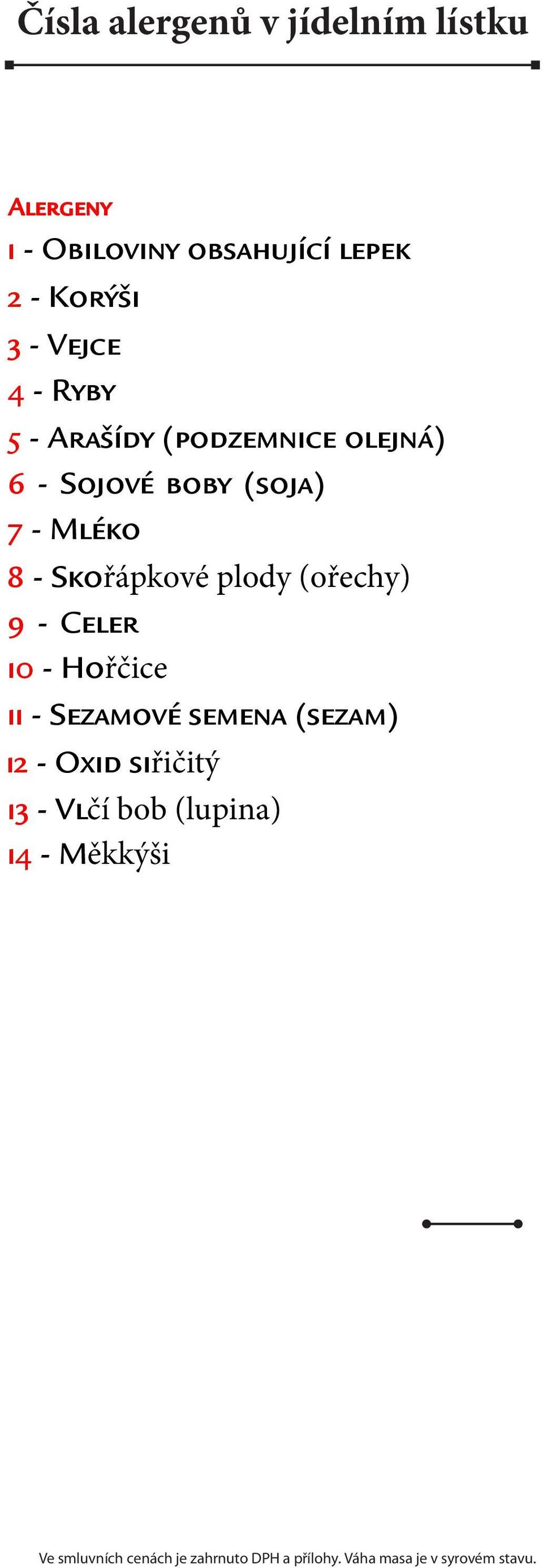 (soja) 7 - Mléko 8 - Skořápkové plody (ořechy) 9 - Celer 10 - Hořčice 11 -