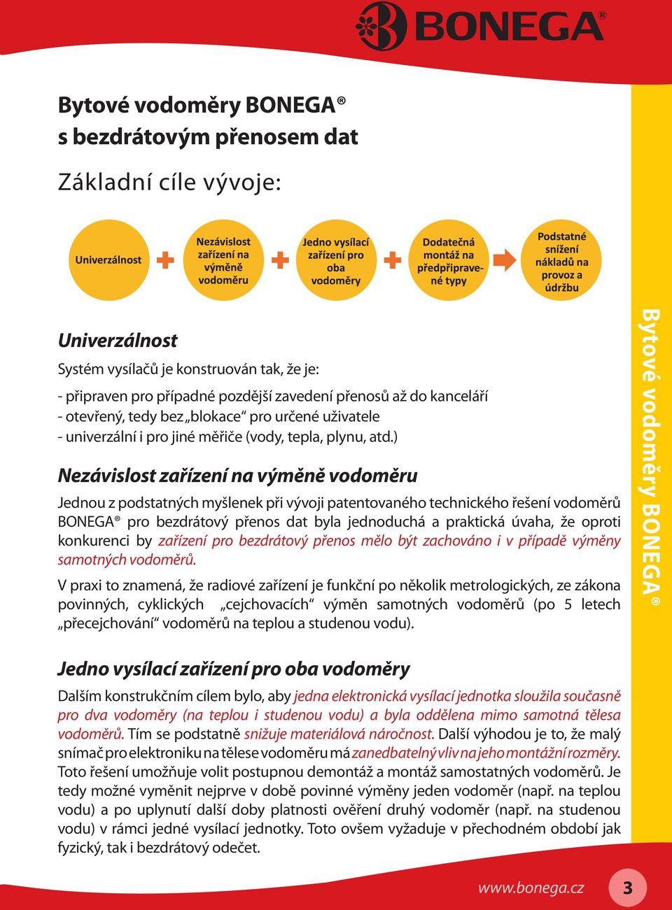 ) Nezávislost zařízení na výměně vodoměru Jednou z podstatných myšlenek při vývoji patentovaného technického řešení vodoměrů BONEGA pro bezdrátový přenos dat byla jednoduchá a praktická úvaha, že