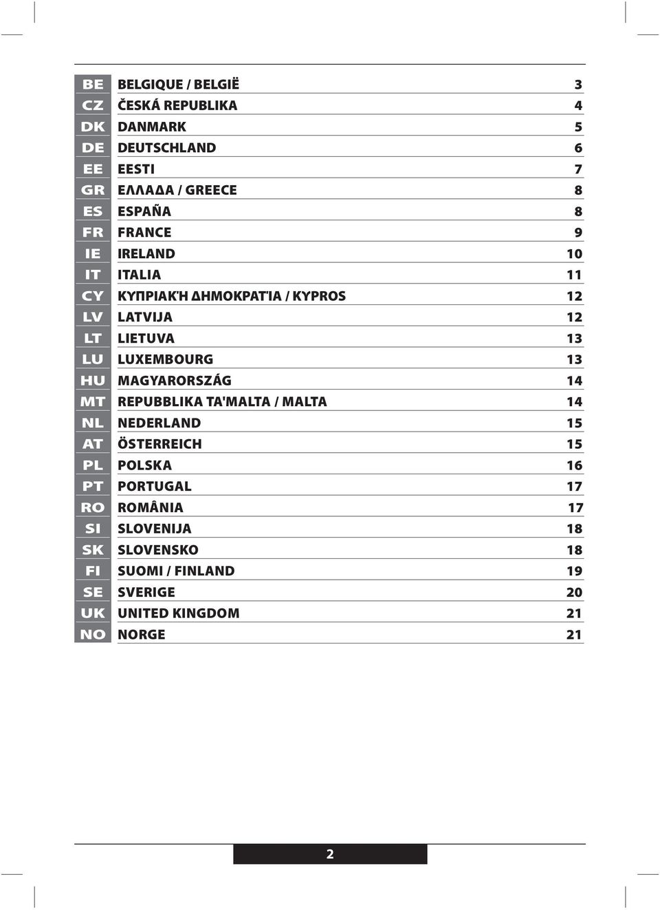 ΚΥPROS 12 LATVIJA 12 LIETUVA 13 LUXEMBOURG 13 MAGYARORSZÁG 14 REPUBBLIKA TA'MALTA / MALTA 14 NEDERLAND 15 ÖSTERREICH