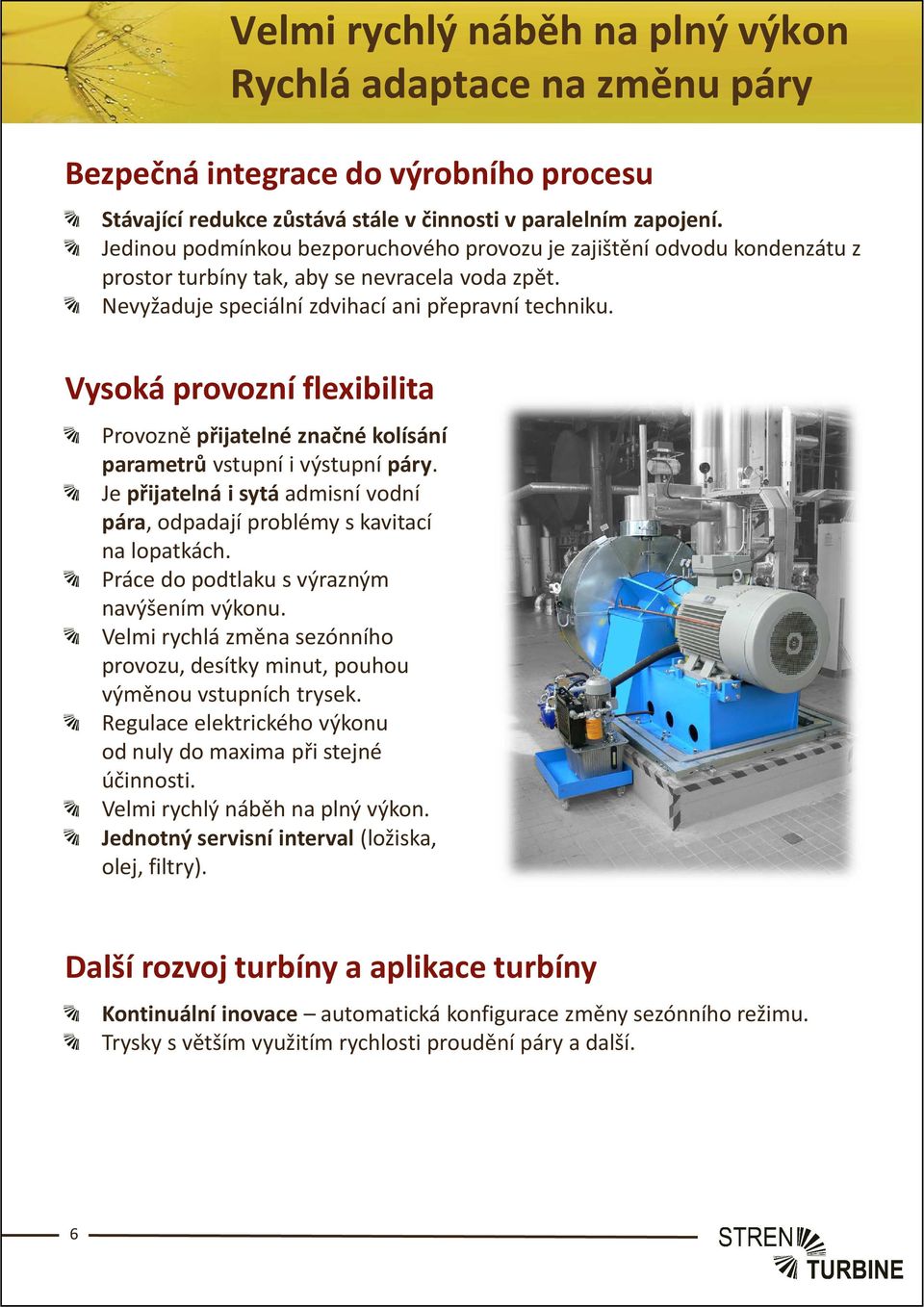 Vysoká provozní flexibilita Provozně přijatelné značné kolísání parametrů vstupní i výstupní páry. Je přijatelná i sytá admisní vodní pára, odpadají problémy s kavitací na lopatkách.