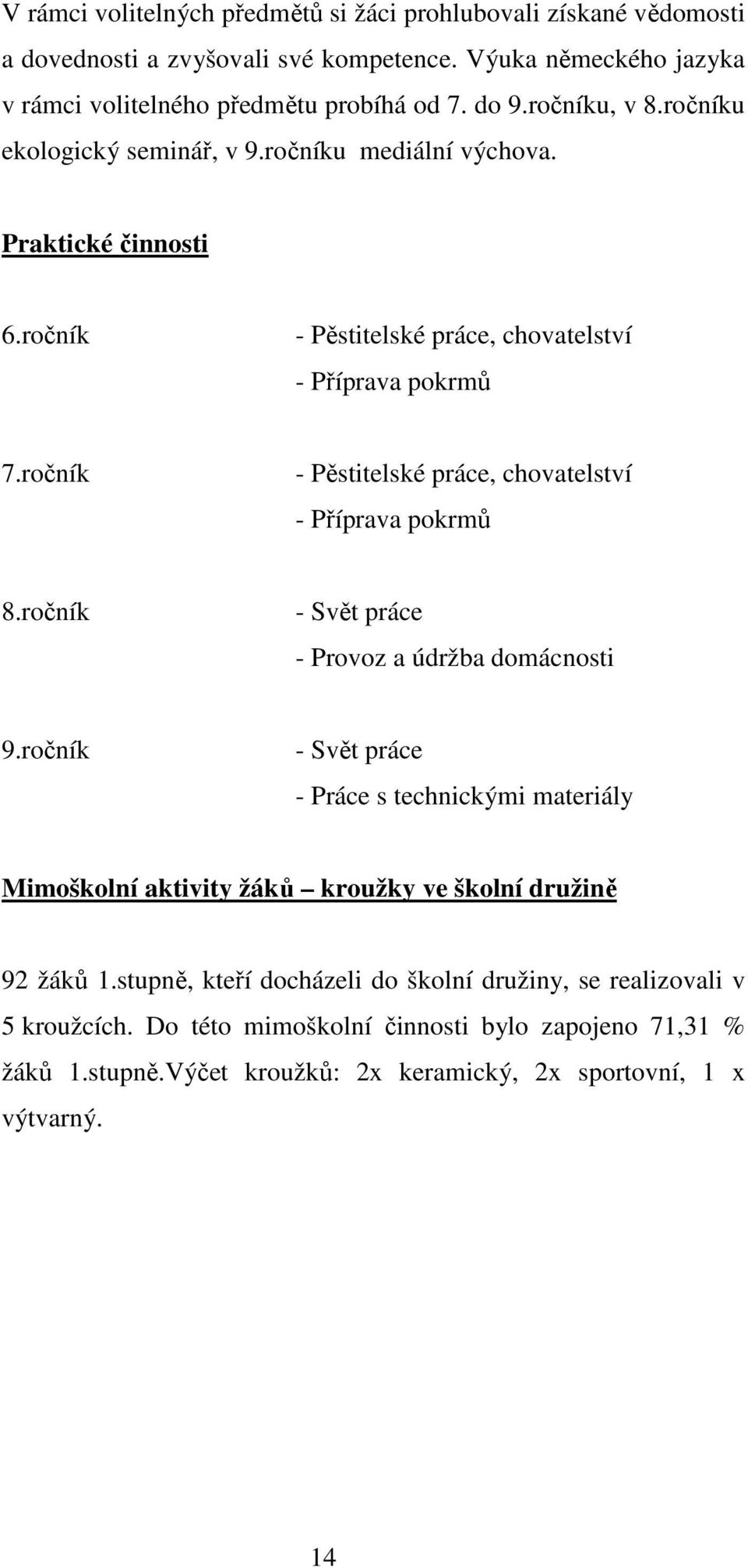 ročník - Pěstitelské práce, chovatelství - Příprava pokrmů 8.ročník - Svět práce - Provoz a údržba domácnosti 9.