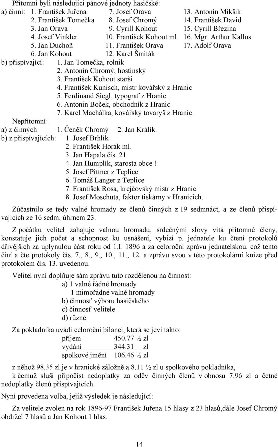 Jan Tomečka, rolník 2. Antonín Chromý, hostinský 3. František Kohout starší 4. František Kunisch, mistr kovářský z Hranic 5. Ferdinand Siegl, typograf z Hranic 6. Antonín Boček, obchodník z Hranic 7.