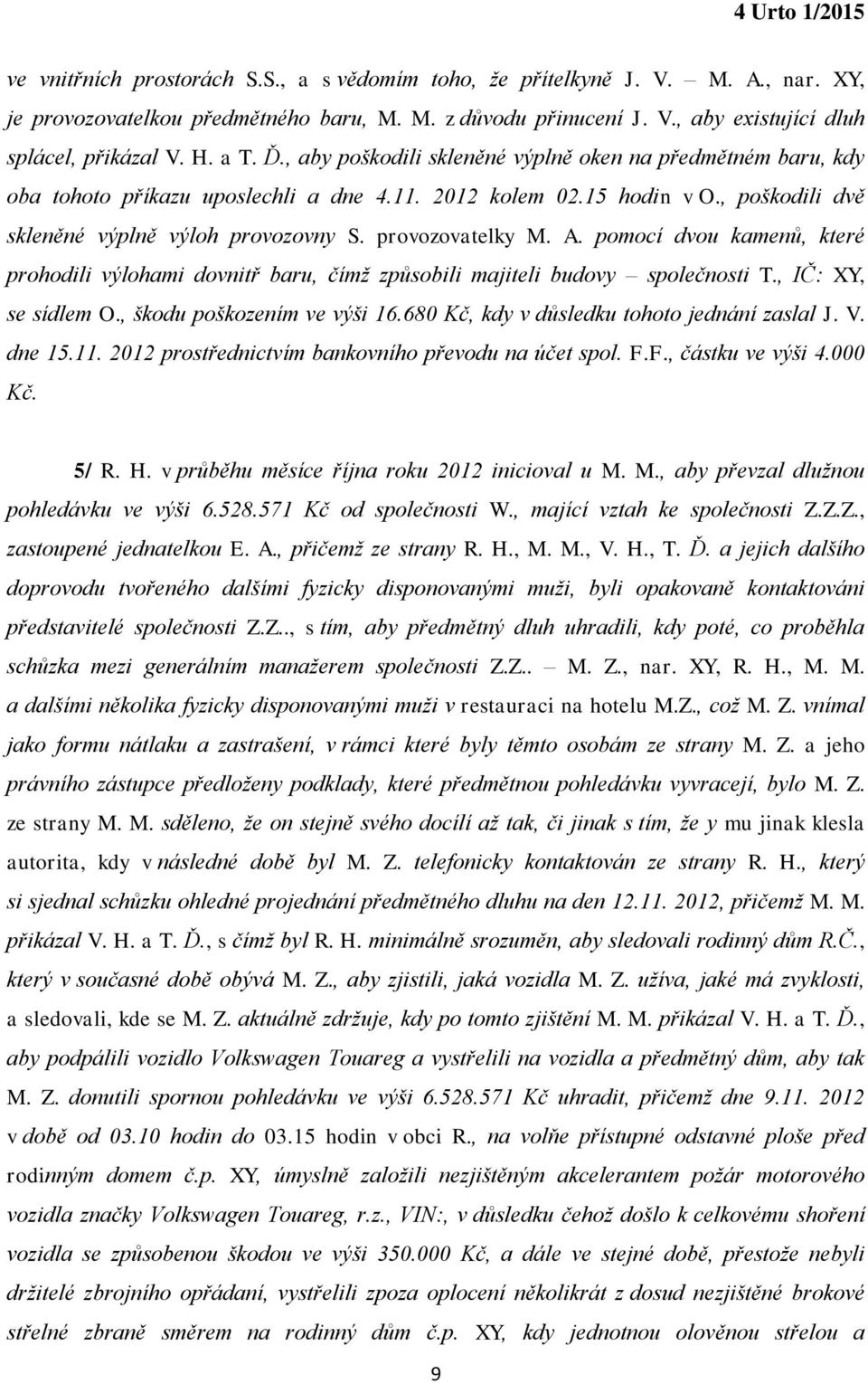 provozovatelky M. A. pomocí dvou kamenů, které prohodili výlohami dovnitř baru, čímž způsobili majiteli budovy společnosti T., IČ: XY, se sídlem O., škodu poškozením ve výši 16.