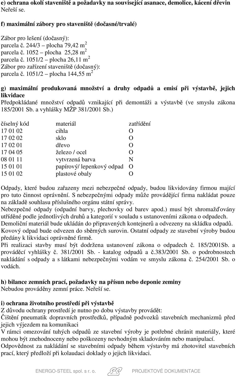 1051/2 plocha 144,55 m 2 g) maximální produkovaná množství a druhy odpadů a emisí při výstavbě, jejich likvidace Předpokládané množství odpadů vznikající při demontáži a výstavbě (ve smyslu zákona