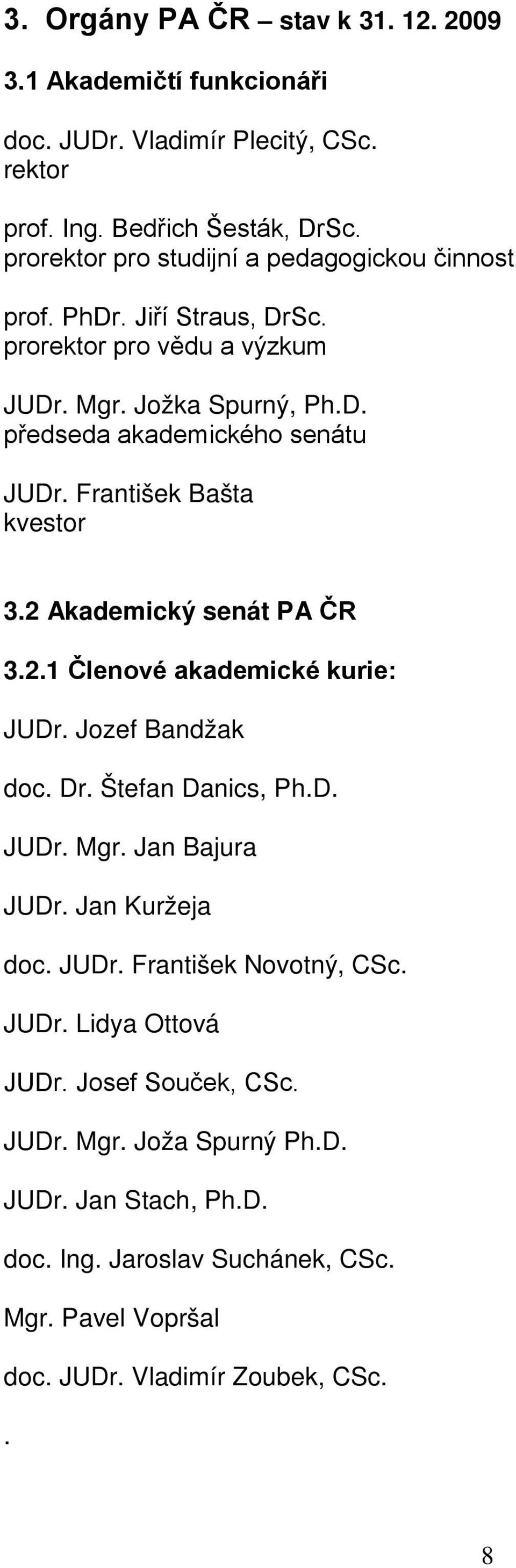 František Bašta kvestor 3.2 Akademický senát PA ČR 3.2.1 Členové akademické kurie: JUDr. Jozef Bandžak doc. Dr. Štefan Danics, Ph.D. JUDr. Mgr. Jan Bajura JUDr.