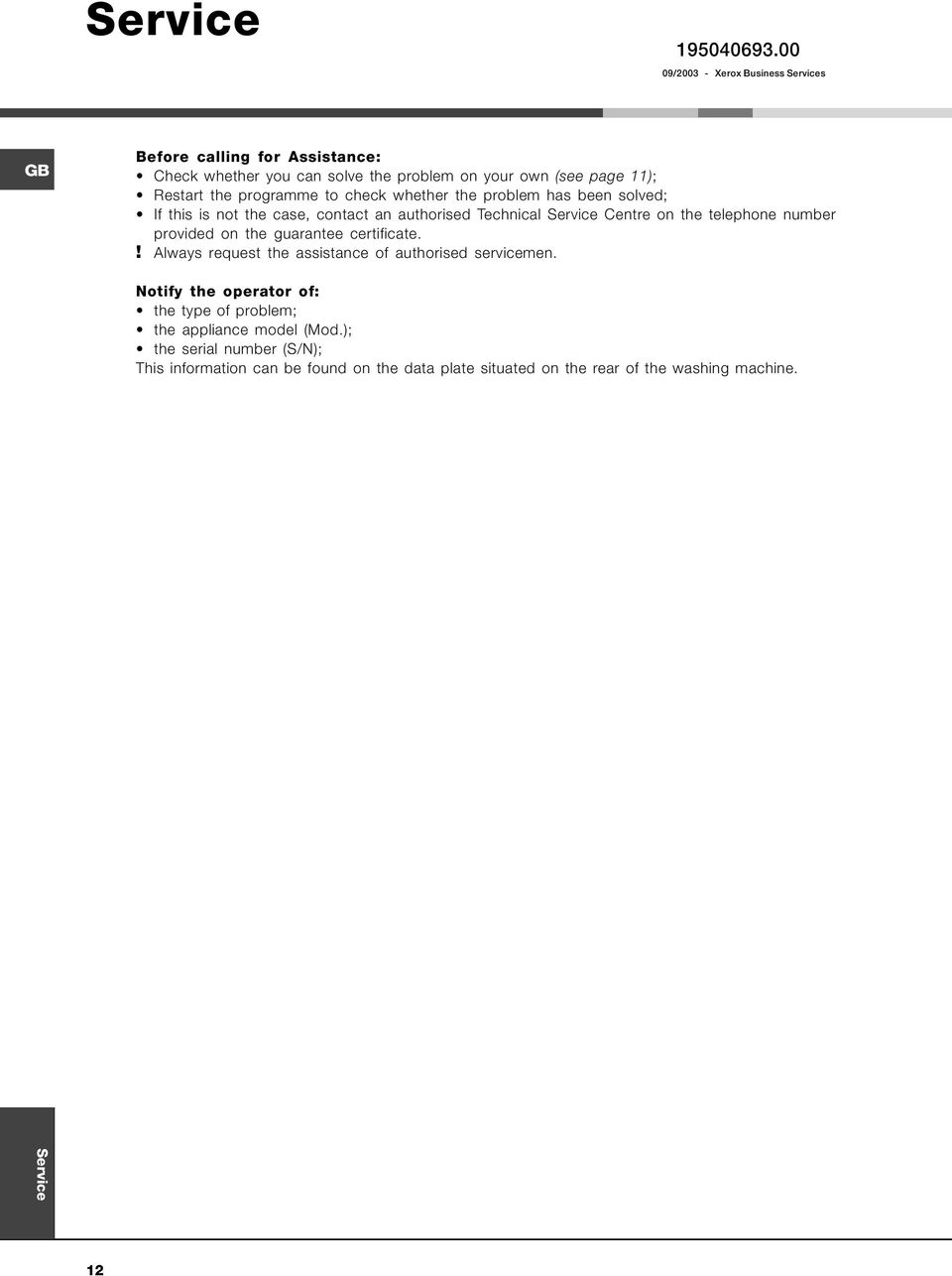 programme to check whether the problem has been solved; If this is not the case, contact an authorised Technical Service Centre on the telephone number