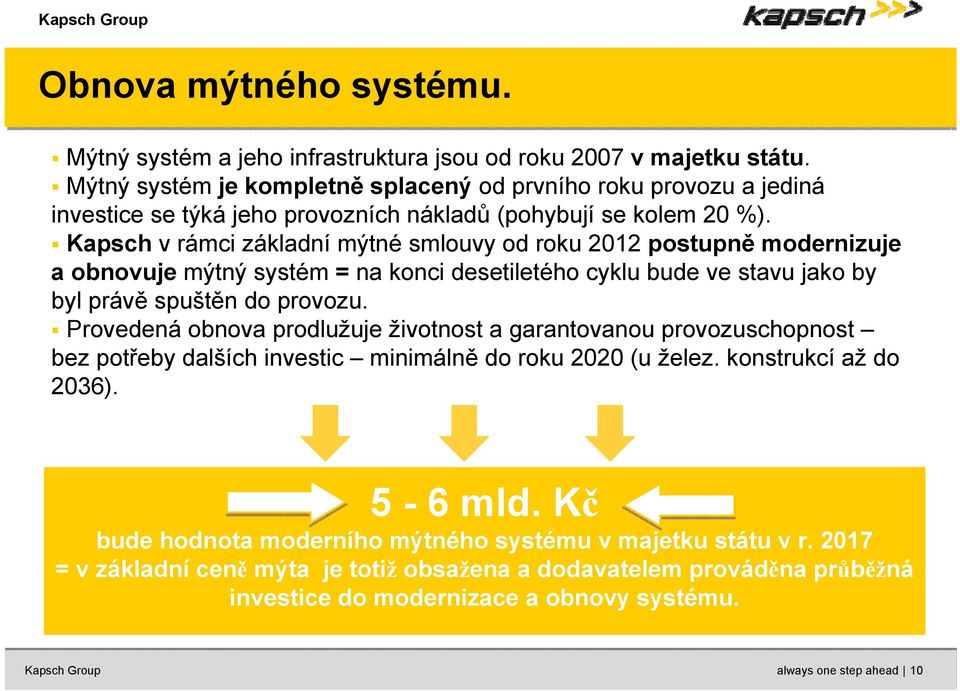 Kapsch v rámci základní mýtné smlouvy od roku 2012 postupně modernizuje a obnovuje mýtný systém = na konci desetiletého cyklu bude ve stavu jako by byl právě spuštěn do provozu.