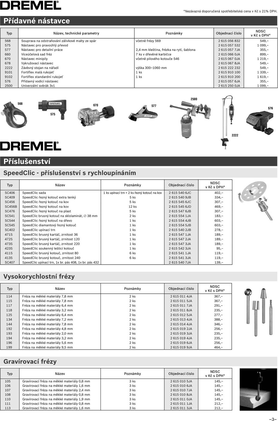 577 Nástavec pro detailní práce 2,4 mm kleština, frézka na rytí, šablona 2 615 057 7JA 355, 660 Víceúčelová sad fréz 7 ks v dřevěné karbičce 2 615 066 0JA 899, 670 Nástavec minipily včetně pilového