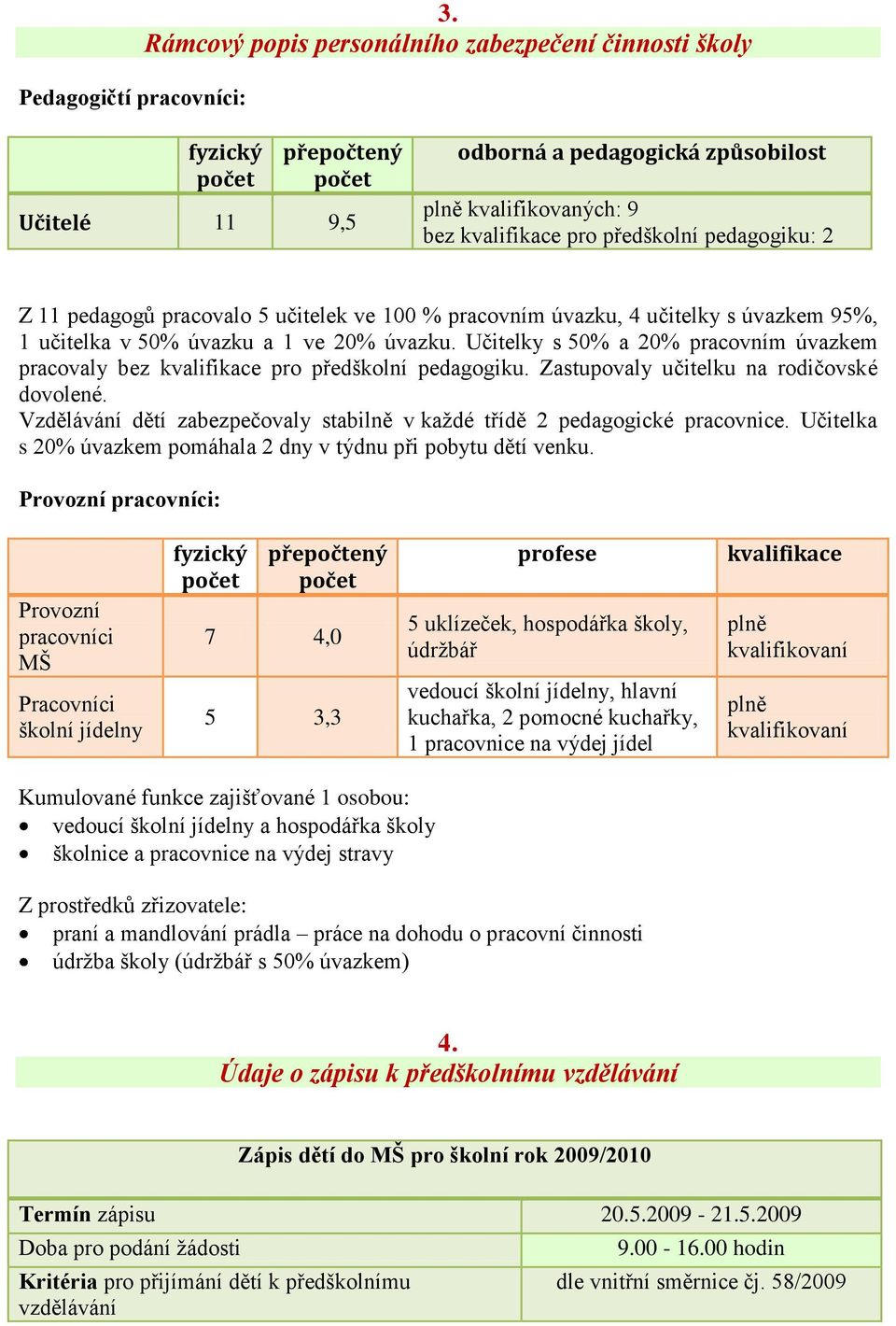 pedagogiku: 2 Z 11 pedagogů pracovalo 5 učitelek ve 100 % pracovním úvazku, 4 učitelky s úvazkem 95%, 1 učitelka v 50% úvazku a 1 ve 20% úvazku.