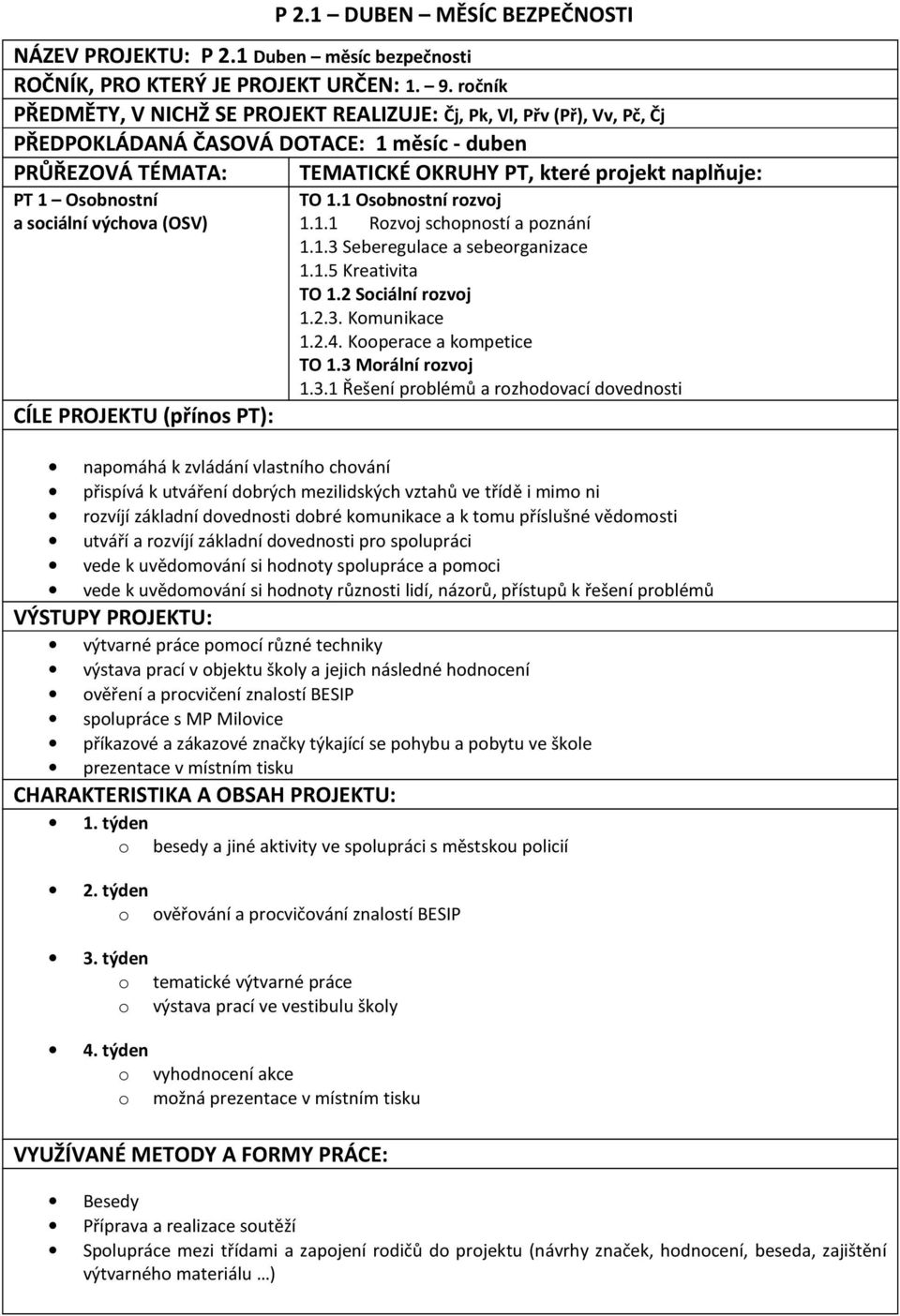 a sciální výchva (OSV) CÍLE PROJEKTU (příns PT): TO 1.1 Osbnstní rzvj 1.1.1 Rzvj schpnstí a pznání 1.1.3 Seberegulace a seberganizace 1.1.5 Kreativita TO 1.2 Sciální rzvj 1.2.3. Kmunikace 1.2.4.