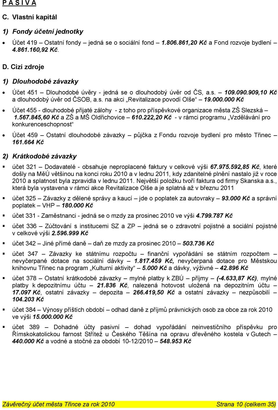 000 Kč Účet 455 - dlouhodobé přijaté zálohy - z toho pro příspěvkové organizace města ZŠ Slezská 1.567.845,60 Kč a ZŠ a MŠ Oldřichovice 610.