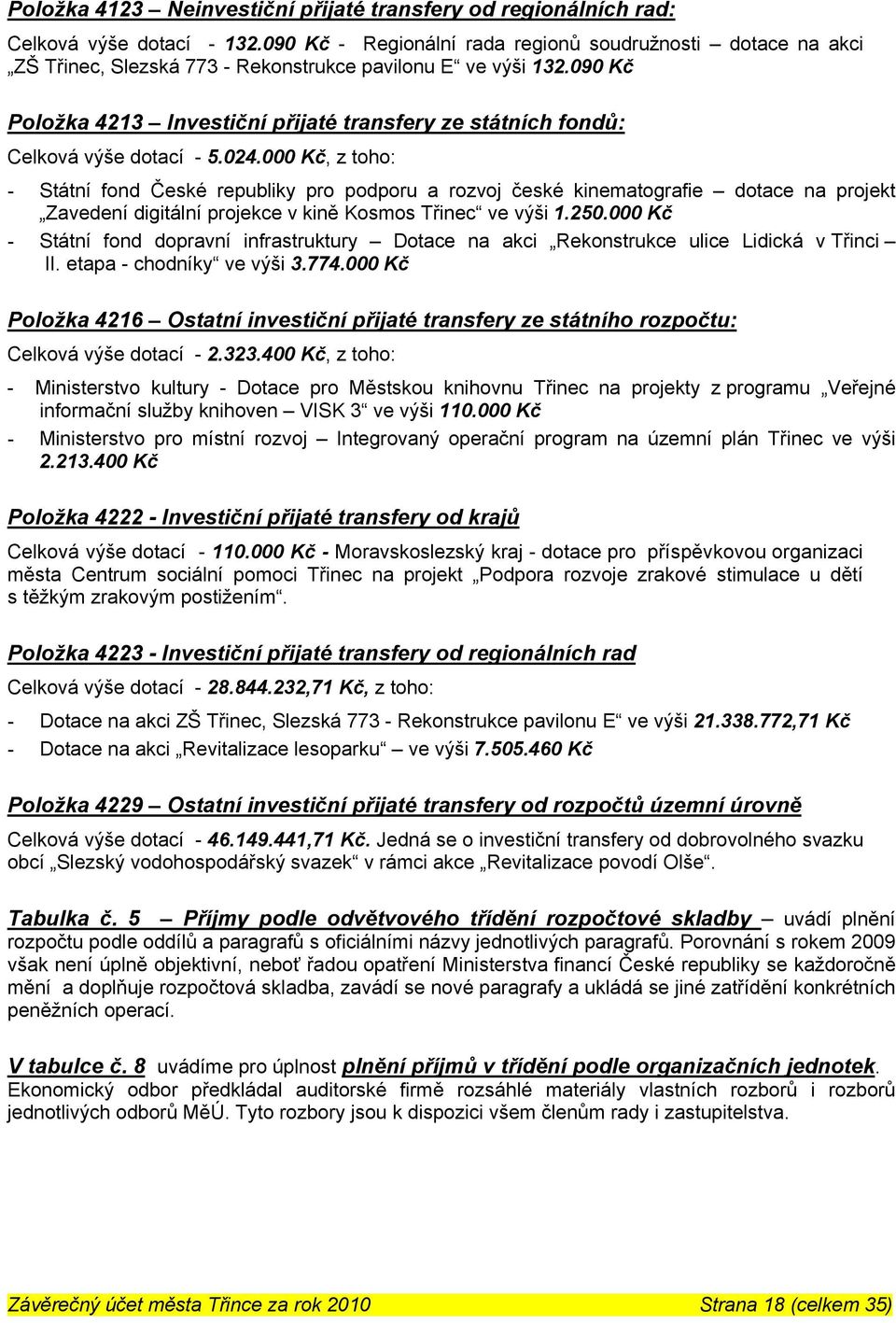 090 Kč Položka 4213 Investiční přijaté transfery ze státních fondů: Celková výše dotací - 5.024.