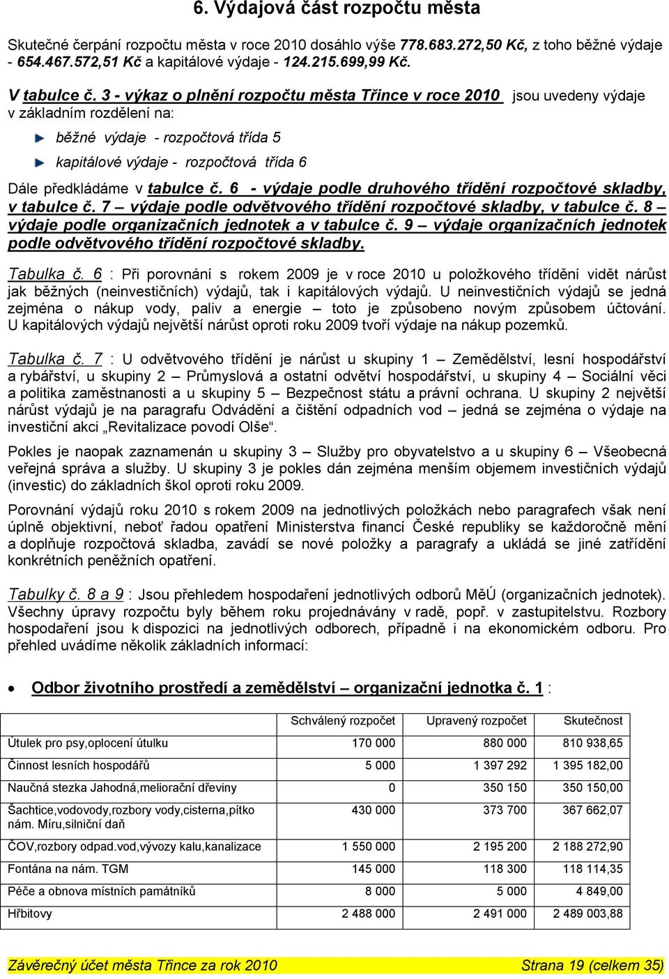 3 - výkaz o plnění rozpočtu města Třince v roce 2010 jsou uvedeny výdaje v základním rozdělení na: běžné výdaje - rozpočtová třída 5 kapitálové výdaje - rozpočtová třída 6 Dále předkládáme v tabulce