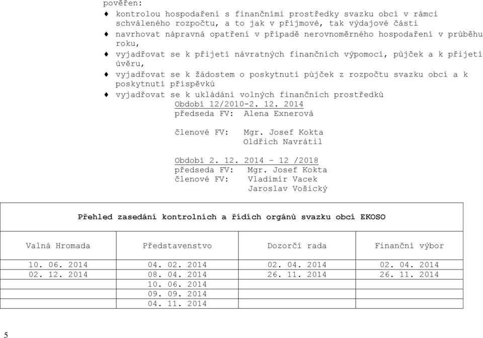 příspěvků vyjadřovat se k ukládání volných finančních prostředků Období 12/2010-2. 12. 2014 předseda FV: Alena Exnerová členové FV: Mgr. Josef Kokta Oldřich Navrátil Období 2. 12. 2014 12 /2018 předseda FV: Mgr.