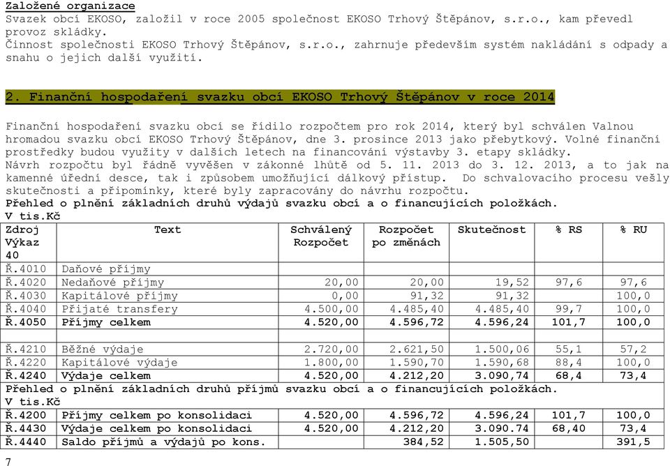 Štěpánov, dne 3. prosince 2013 jako přebytkový. Volné finanční prostředky budou využity v dalších letech na financování výstavby 3. etapy skládky.