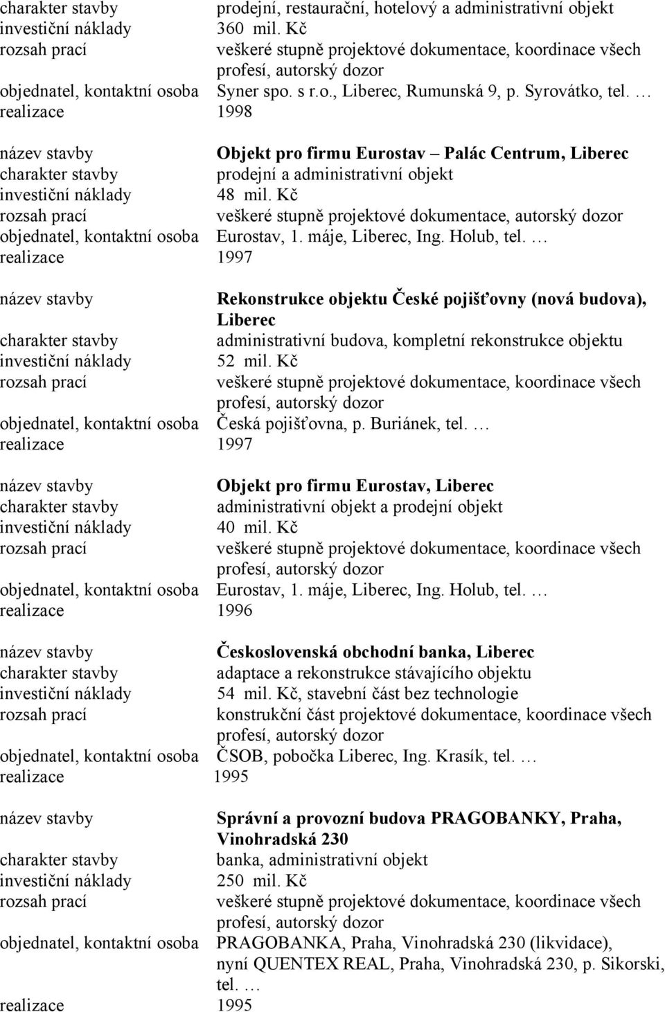 máje, Liberec, Ing. Holub, tel. realizace 1997 Rekonstrukce objektu České pojišťovny (nová budova), Liberec administrativní budova, kompletní rekonstrukce objektu 52 mil.