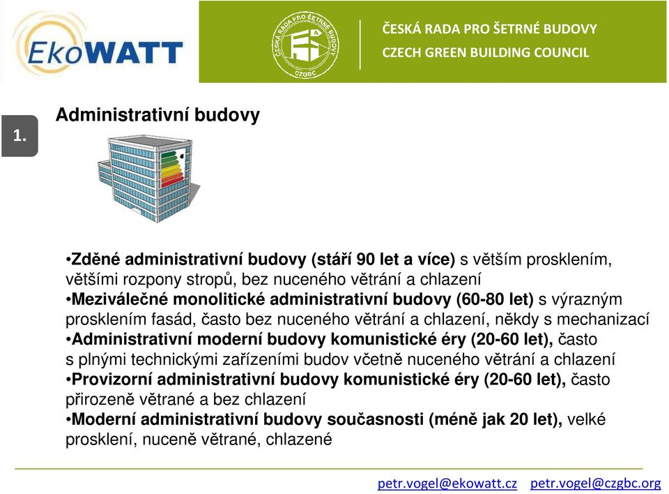 Administrativní moderní budovy komunistické éry (20-60 let), často s plnými technickými zařízeními budov včetně nuceného větrání a chlazení Provizorní