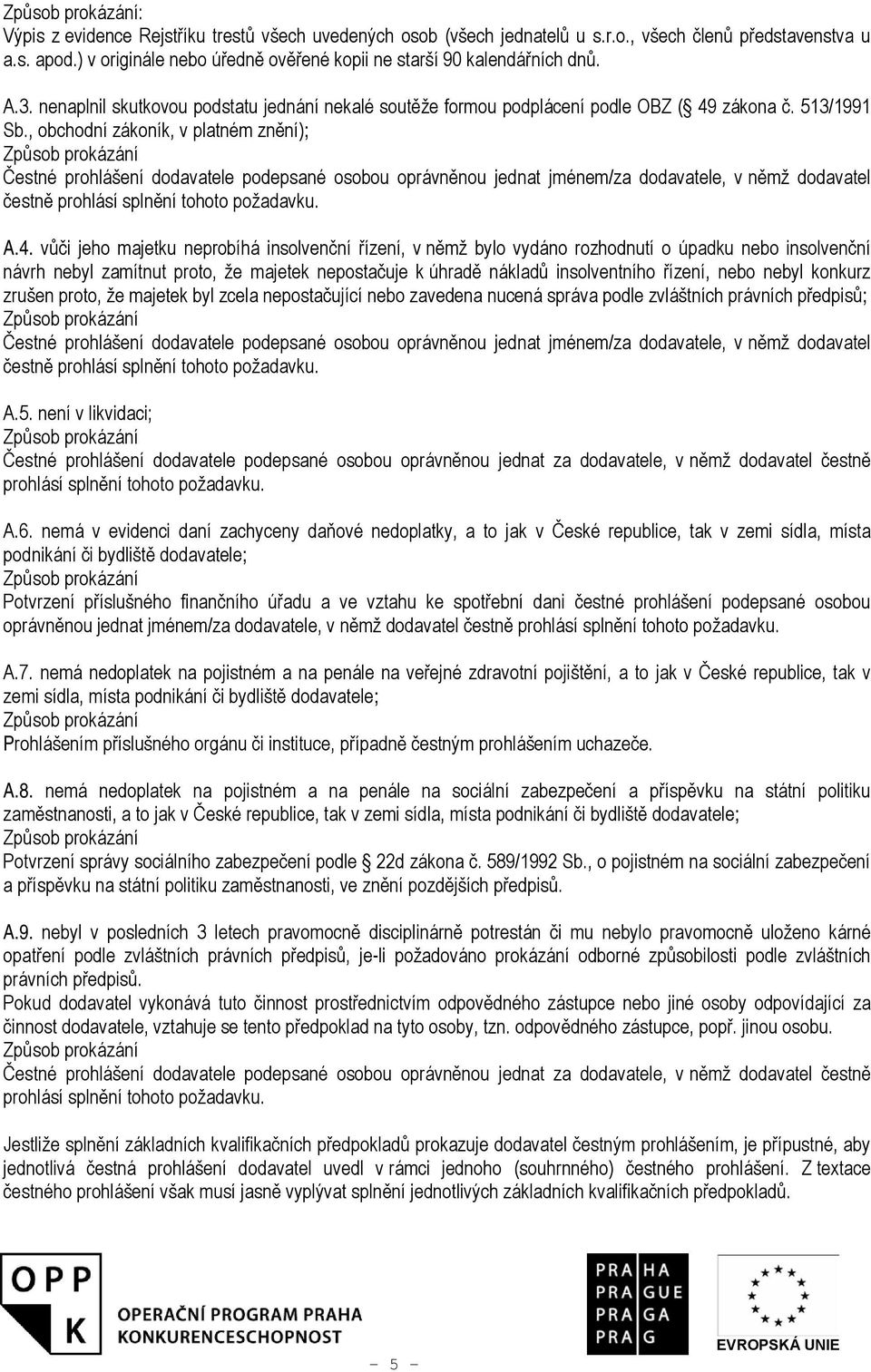 , obchodní zákoník, v platném znění); Čestné prohlášení dodavatele podepsané osobou oprávněnou jednat jménem/za dodavatele, v němž dodavatel čestně prohlásí splnění tohoto požadavku. A.4.