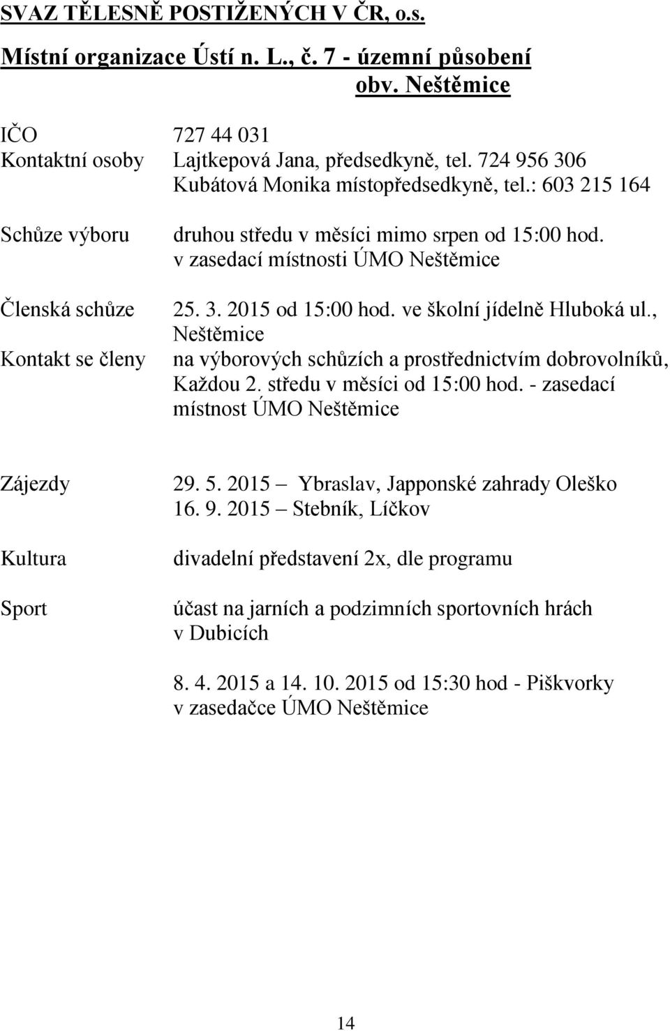 ve školní jídelně Hluboká ul., Neštěmice na výborových schůzích a prostřednictvím dobrovolníků, Každou 2. středu v měsíci od 15:00 hod. - zasedací místnost ÚMO Neštěmice Zájezdy Kultura Sport 29. 5.