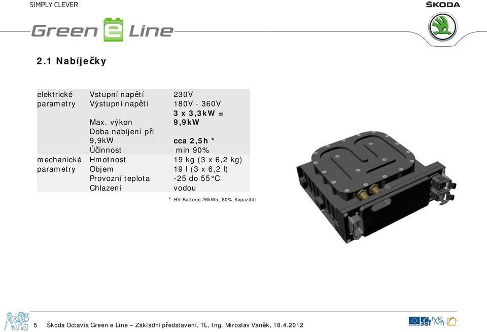 výkon 3 x 3,3kW = 9,9kW Doba nabíjení p i 9,9kW cca 2,5h * innost min 90%