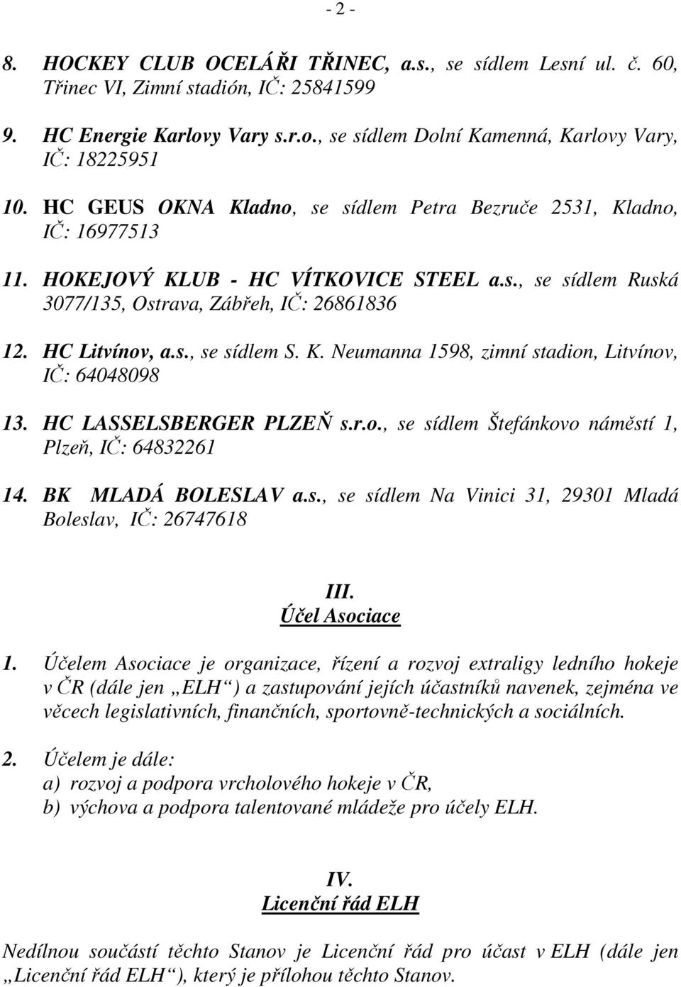 K. Neumanna 1598, zimní stadion, Litvínov, IČ: 64048098 13. HC LASSELSBERGER PLZEŇ s.r.o., se sídlem Štefánkovo náměstí 1, Plzeň, IČ: 64832261 14. BK MLADÁ BOLESLAV a.s., se sídlem Na Vinici 31, 29301 Mladá Boleslav, IČ: 26747618 III.