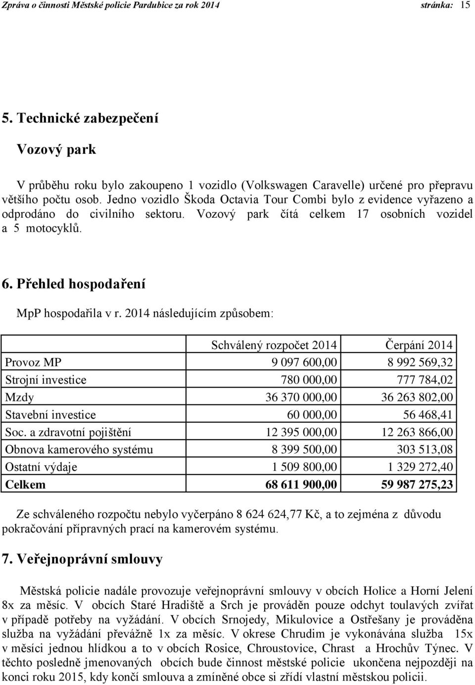 Jedno vozidlo Škoda Octavia Tour Combi bylo z evidence vyřazeno a odprodáno do civilního sektoru. Vozový park čítá celkem 17 osobních vozidel a 5 motocyklů. 6. Přehled hospodaření MpP hospodařila v r.