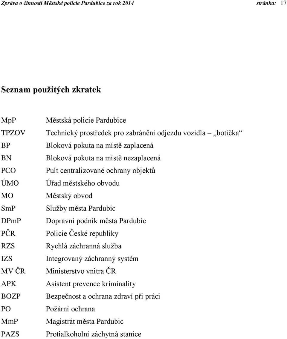 centralizované ochrany objektů Úřad městského obvodu Městský obvod Služby města Pardubic Dopravní podnik města Pardubic Policie České republiky Rychlá záchranná služba