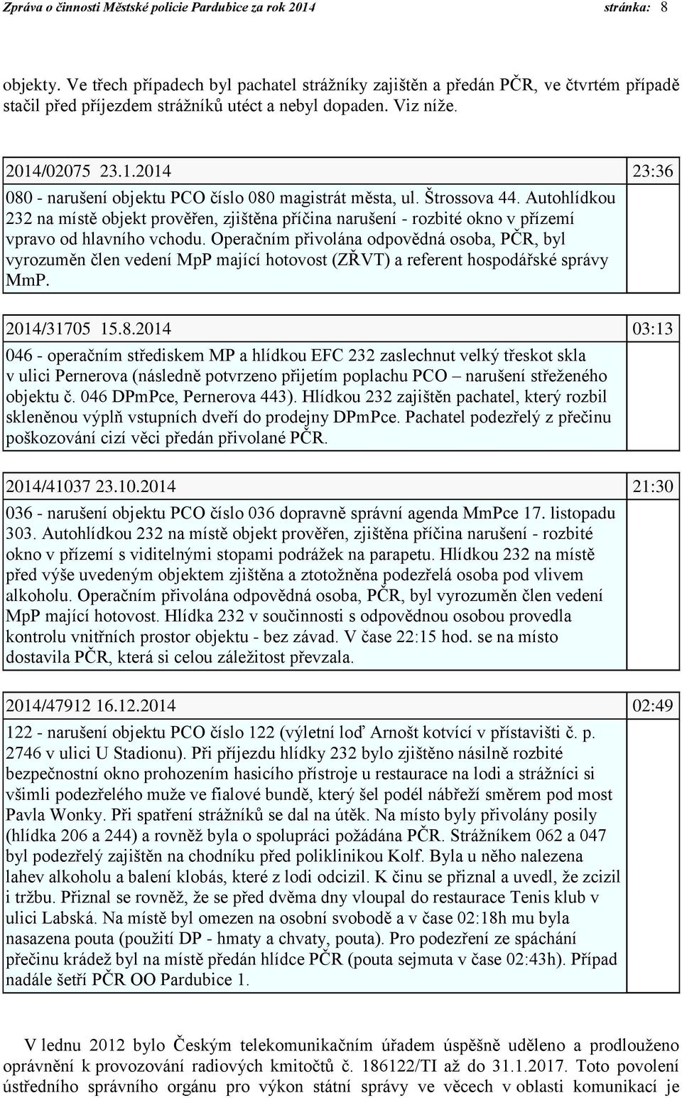 /02075 23.1.2014 23:36 080 - narušení objektu PCO číslo 080 magistrát města, ul. Štrossova 44.