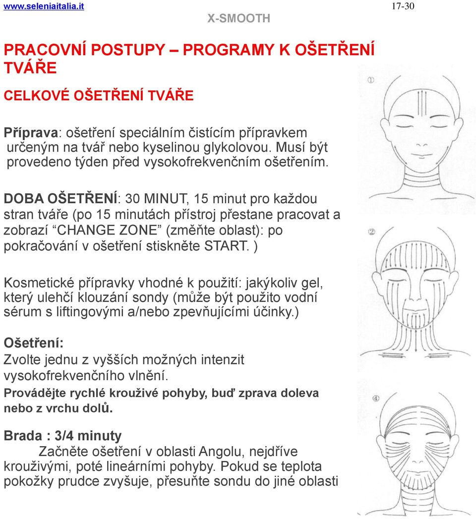 DOBA OŠETŘENÍ: 30 MINUT, 15 minut pro každou stran tváře (po 15 minutách přístroj přestane pracovat a zobrazí CHANGE ZONE (změňte oblast): po pokračování v ošetření stiskněte START.