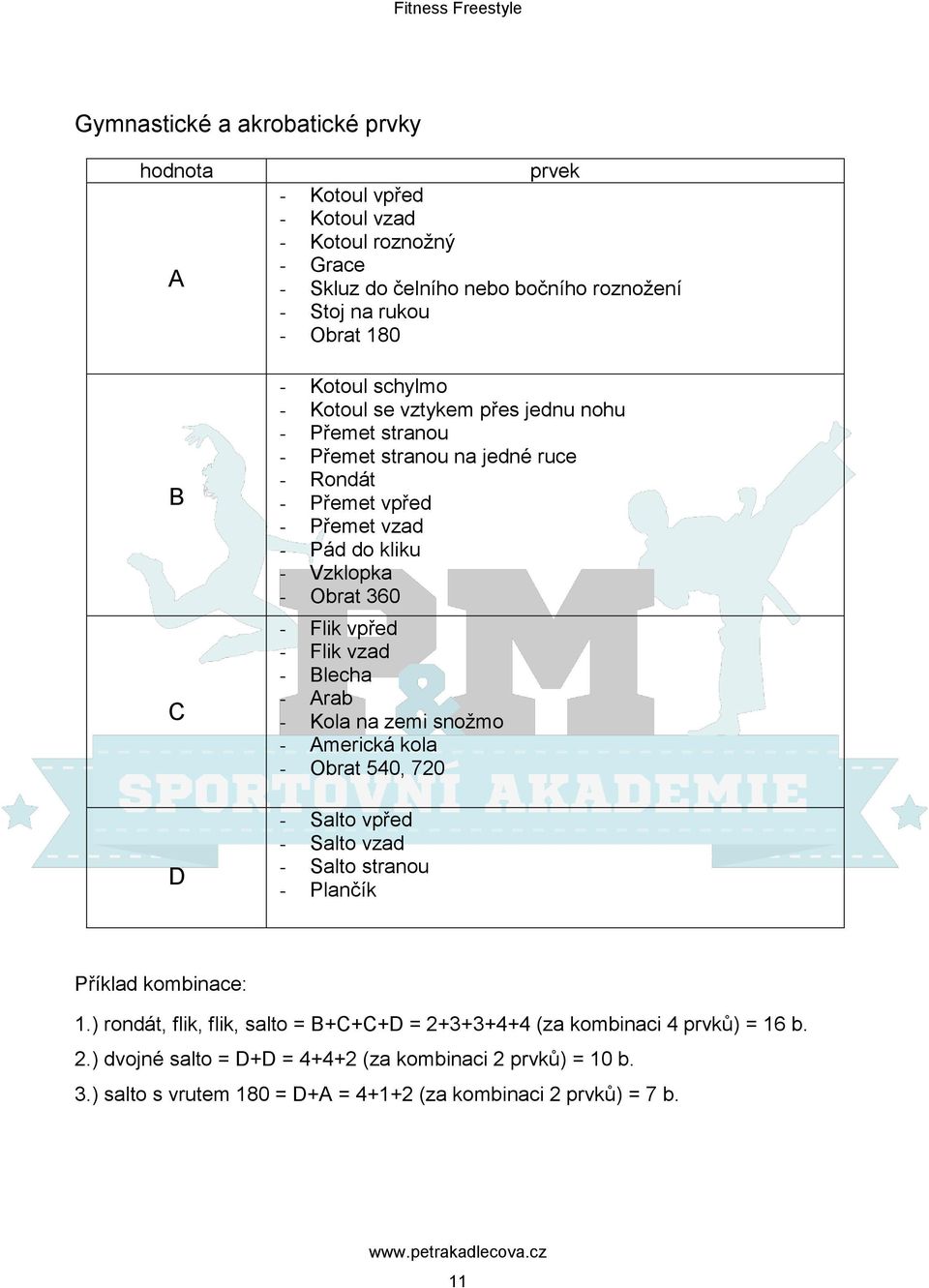 vpřed - Flik vzad - Blecha - Arab - Kola na zemi snožmo - Americká kola - Obrat 540, 720 - Salto vpřed - Salto vzad - Salto stranou - Plančík Příklad kombinace: 1.