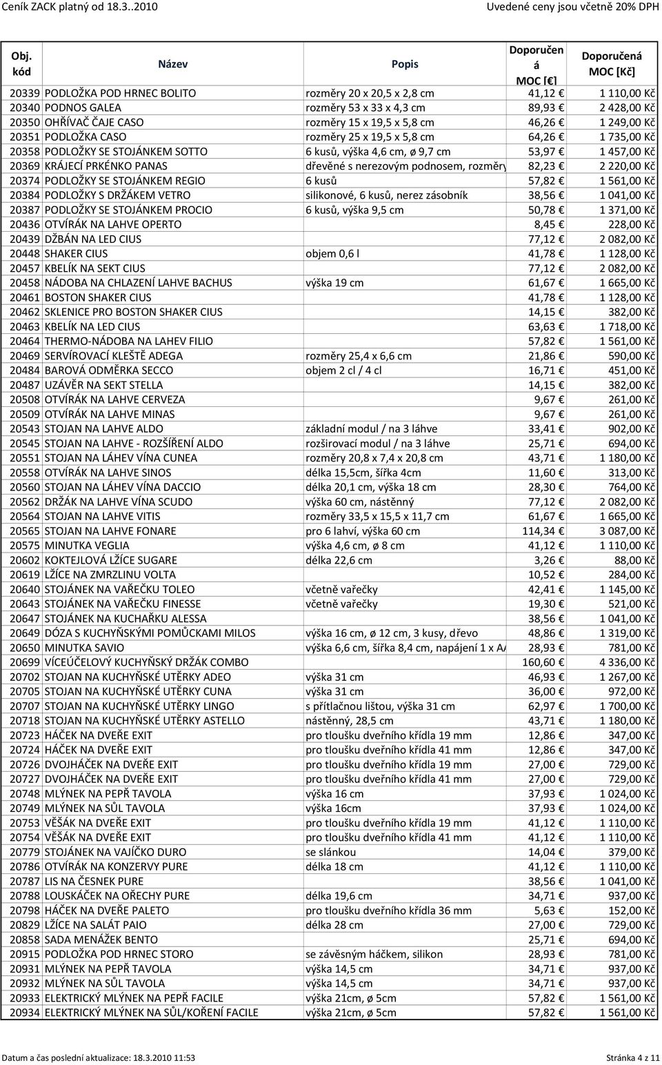 nerezovým podnosem, rozměry 38 x 82,23 25 cm 2220,00 Kč 20374 PODLOŽKY SE STOJÁNKEM REGIO 6 kusů 57,82 1561,00 Kč 20384 PODLOŽKY S DRŽÁKEM VETRO silikonové, 6 kusů, nerez zsobník 38,56 1041,00 Kč