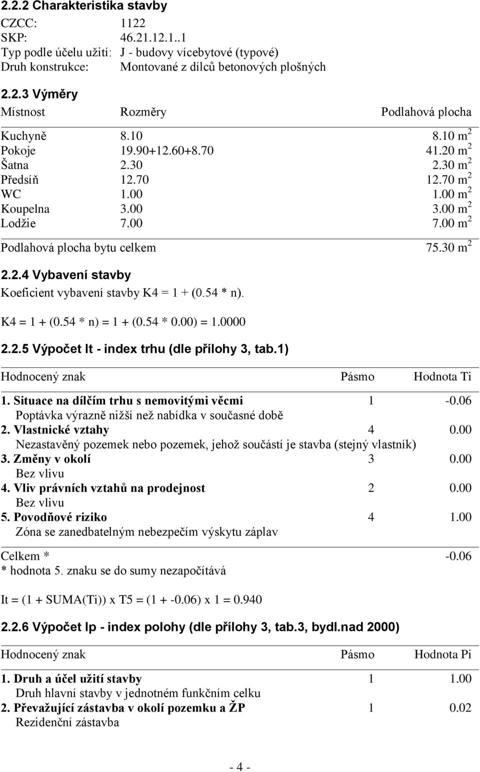 54 * n). K4 = 1 + (0.54 * n) = 1 + (0.54 * 0.00) = 1.0000 2.2.5 Výpočet It - index trhu (dle přílohy 3, tab.1) Hodnocený znak Pásmo Hodnota Ti 1. Situace na dílčím trhu s nemovitými věcmi 1-0.