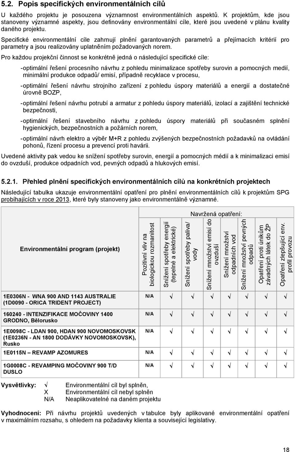 Specifické environmentální cíle zahrnují plnění garantovaných parametrů a přejímacích kritérií pro parametry a jsou realizovány uplatněním požadovaných norem.