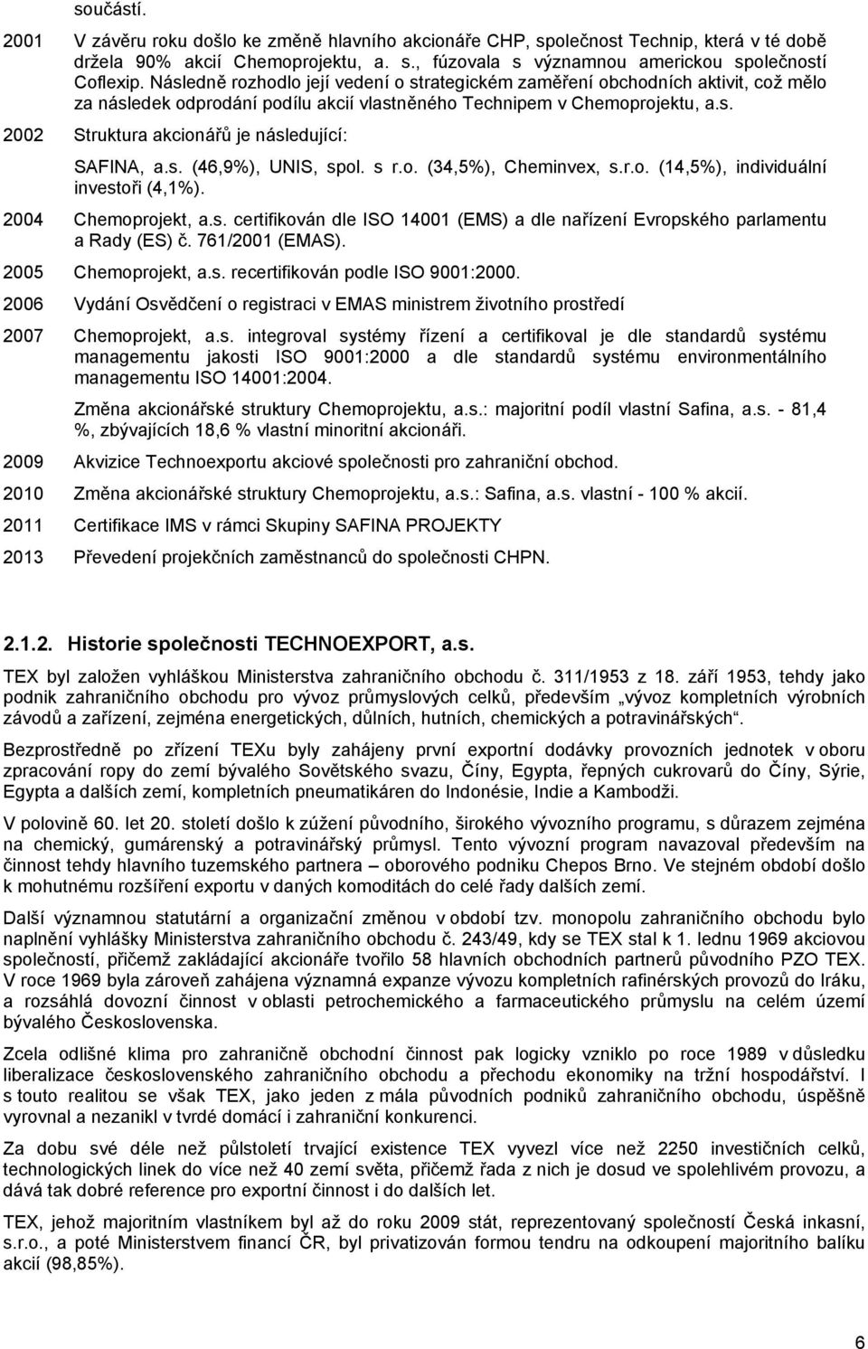 s. (46,9%), UNIS, spol. s r.o. (34,5%), Cheminvex, s.r.o. (14,5%), individuální investoři (4,1%). 2004 Chemoprojekt, a.s. certifikován dle ISO 14001 (EMS) a dle nařízení Evropského parlamentu a Rady (ES) č.