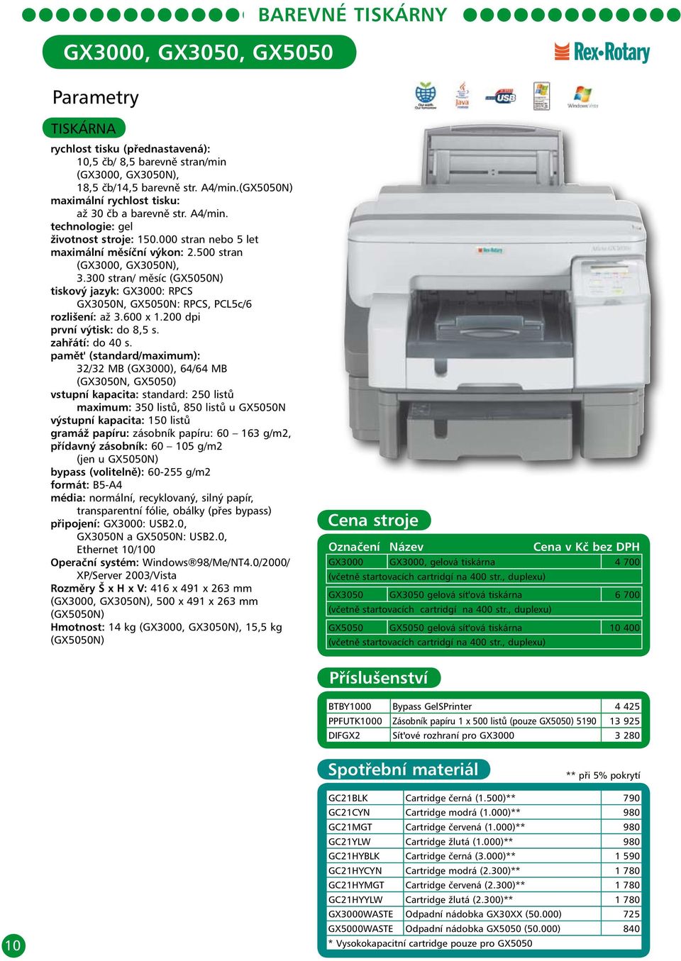 300 stran/ měsíc (GX5050N) tiskový jazyk: GX3000: RPCS GX3050N, GX5050N: RPCS, PCL5c/6 rozlišení: až 3.600 x 1.200 dpi první výtisk: do 8,5 s. zahřátí: do 40 s.