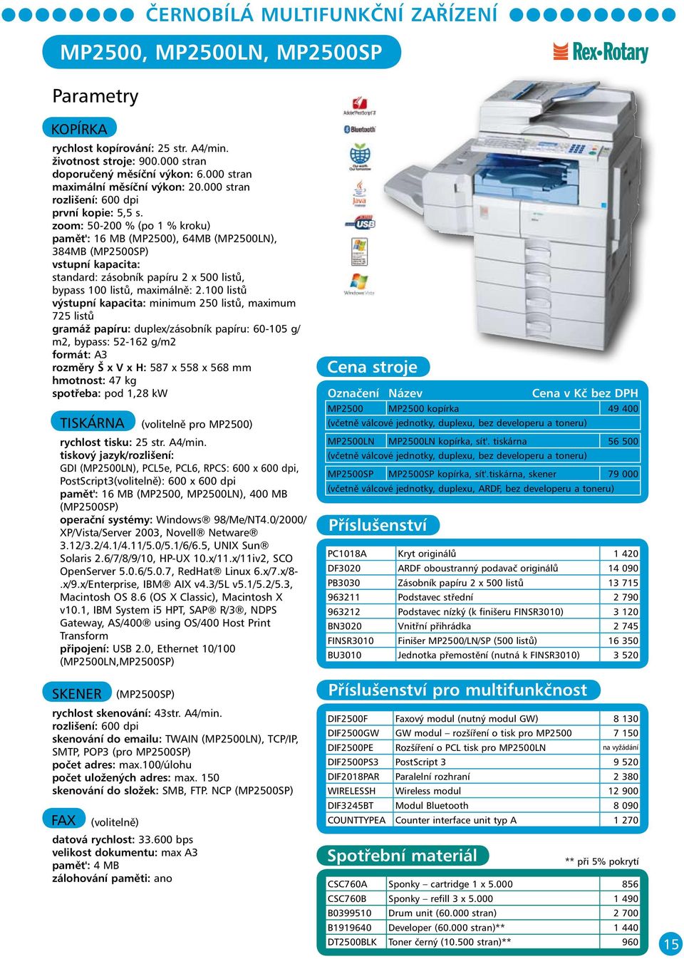 zoom: 50-200 % (po 1 % kroku) pamět': 16 MB (MP2500), 64MB (MP2500LN), 384MB (MP2500SP) vstupní kapacita: standard: zásobník papíru 2 x 500 listů, bypass 100 listů, maximálně: 2.