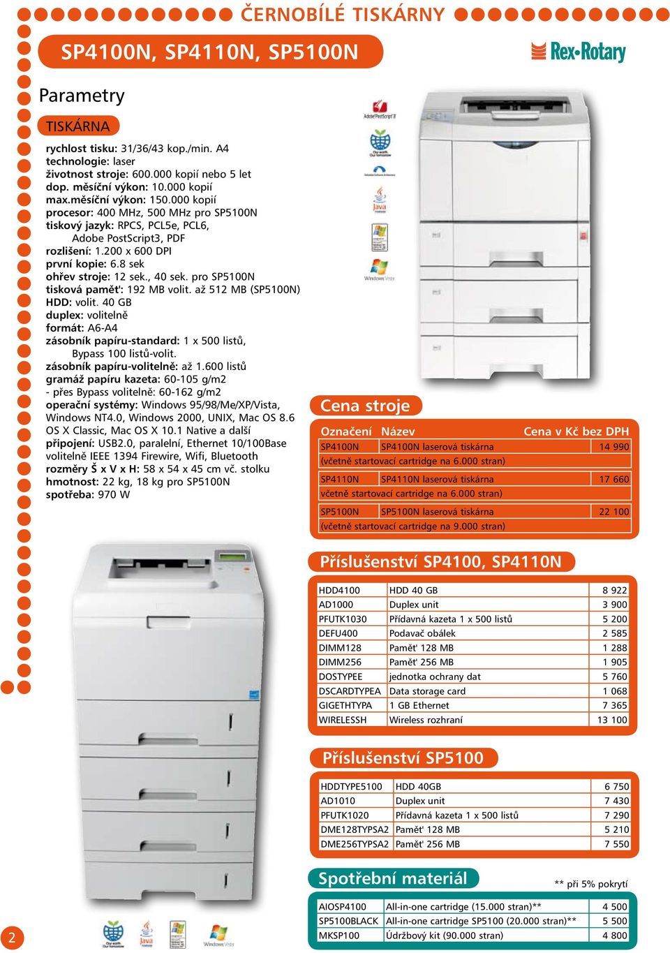 , 40 sek. pro SP5100N tisková pamět': 192 MB volit. až 512 MB (SP5100N) HDD: volit. 40 GB duplex: volitelně formát: A6-A4 zásobník papíru-standard: 1 x 500 listů, Bypass 100 listů-volit.