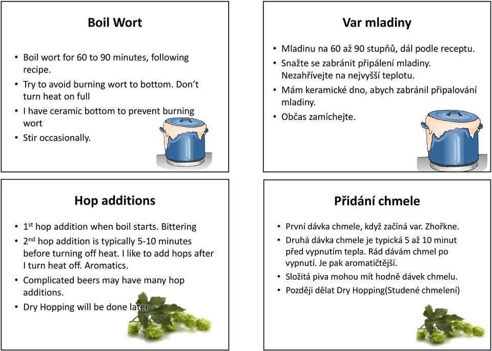 Občas zamíchejte. Hop additions 1 st hop addition when boil starts. Bittering 2 nd hop addition is typically 5 10 minutes before turning off heat. I like to add hops after I turn heat off. Aromatics.