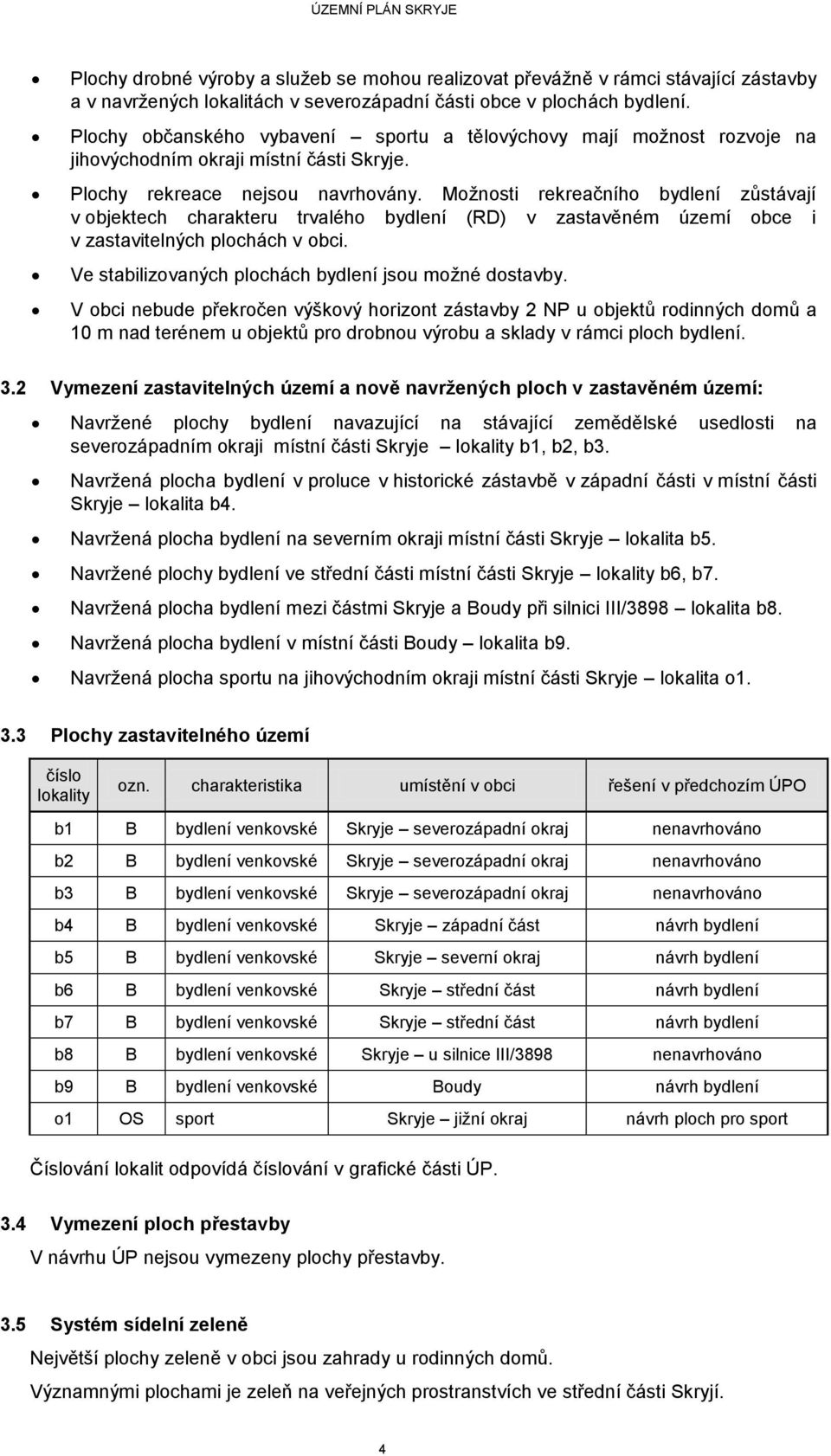 Možnosti rekreačního bydlení zůstávají v objektech charakteru trvalého bydlení (RD) v zastavěném území obce i v zastavitelných plochách v obci. Ve stabilizovaných plochách bydlení jsou možné dostavby.