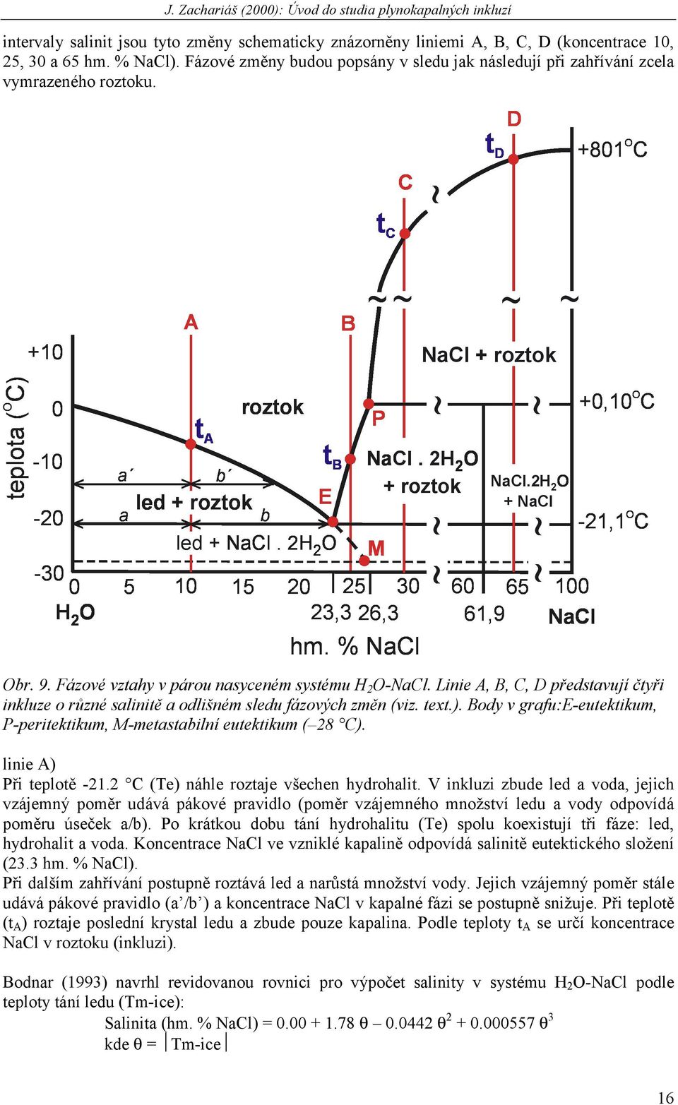 Linie A, B, C, D představují čtyři inkluze o různé salinitě a odlišném sledu fázových změn (viz. text.). Body v grafu:e-eutektikum, P-peritektikum, M-metastabilní eutektikum ( 28 C).