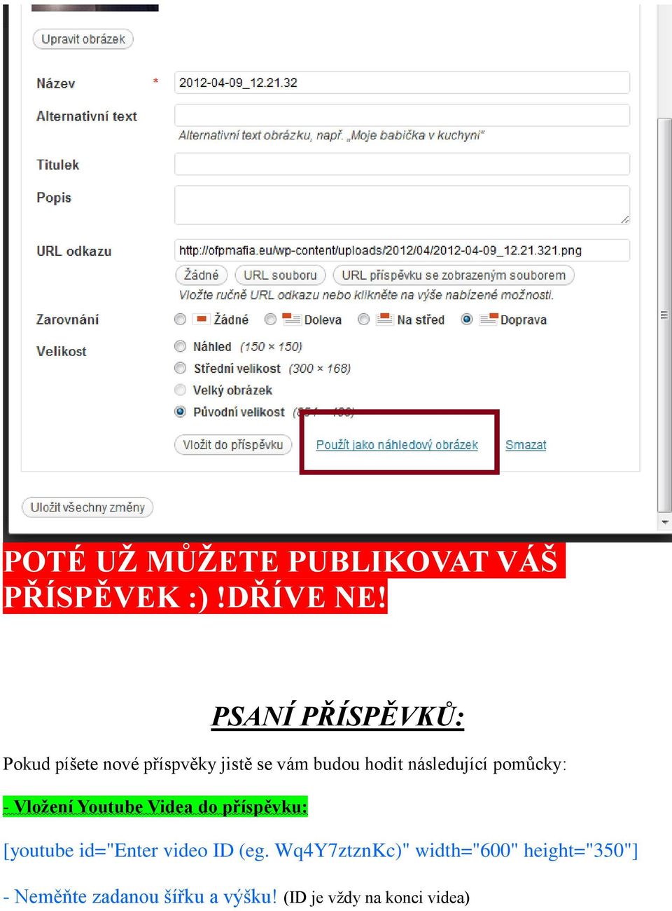následující pomůcky: - Vložení Youtube Videa do příspěvku: [youtube id="enter