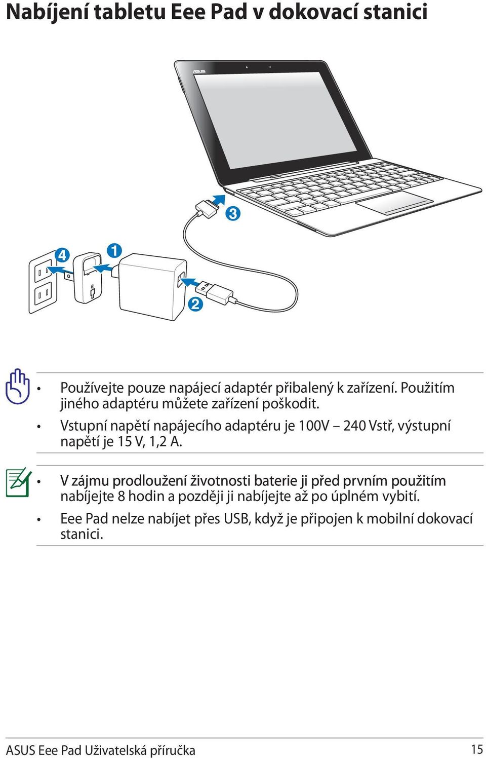 Vstupní napětí napájecího adaptéru je 100V 240 Vstř, výstupní napětí je 15 V, 1,2 A.