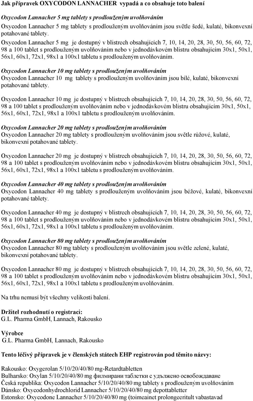 Oxycodon Lannacher 5 mg je dostupný v blistrech obsahujících 7, 10, 14, 20, 28, 30, 50, 56, 60, 72, Oxycodon Lannacher 10 mg tablety s prodlouženým uvolňováním Oxycodon Lannacher 10 mg tablety s