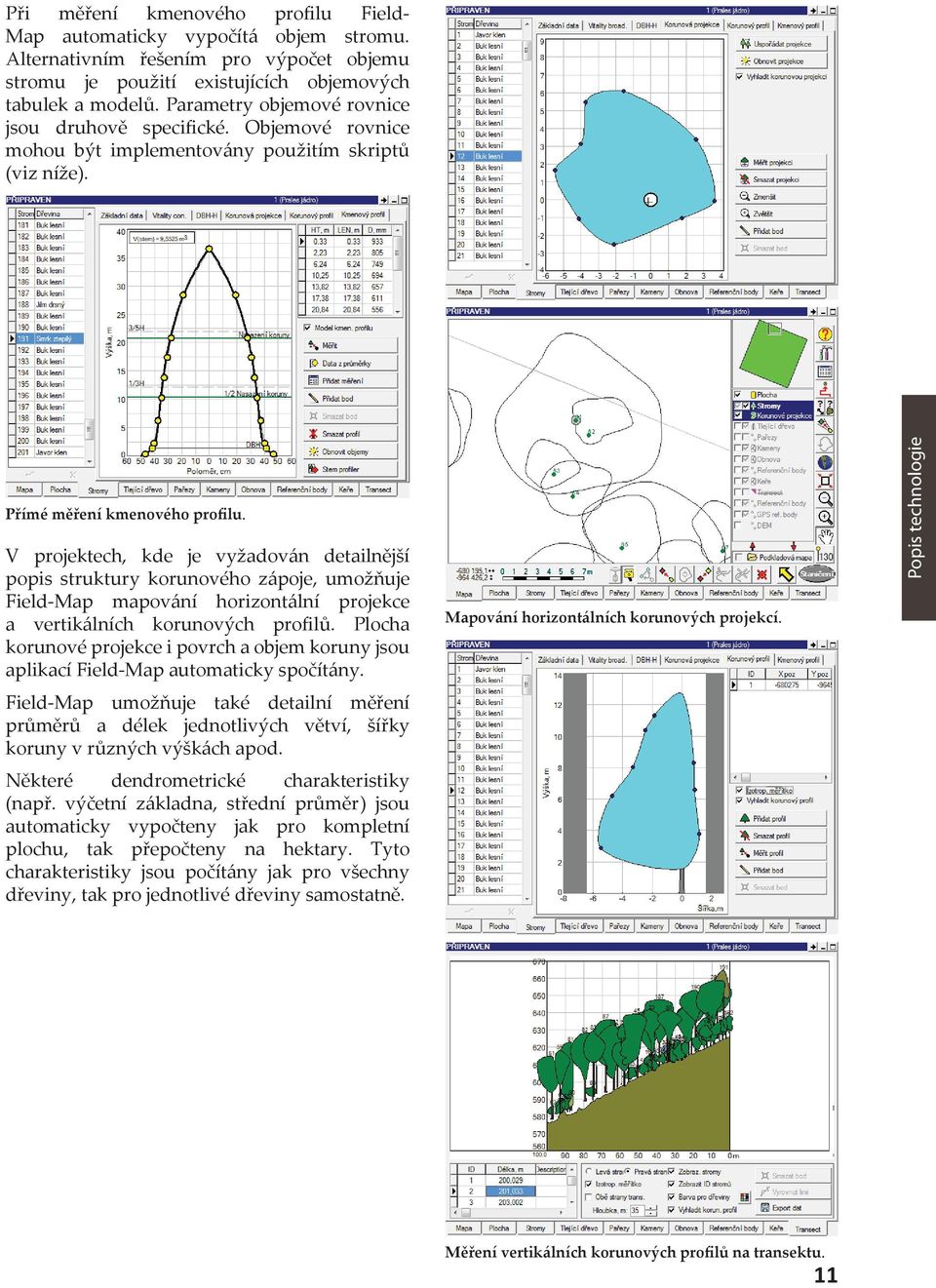 V projektech, kde je vyžadován detailnější popis struktury korunového zápoje, umožňuje Field-Map mapování horizontální projekce a vertikálních korunových profilů.